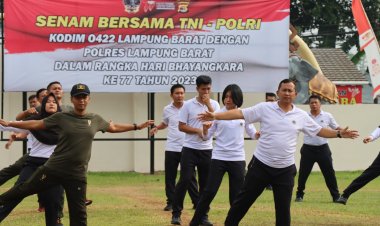 Meriahkan Hari Bhayangkara ke-77, Polres Lambar dan Kodim 0422/Lb Laksanakan Senam Bersama
