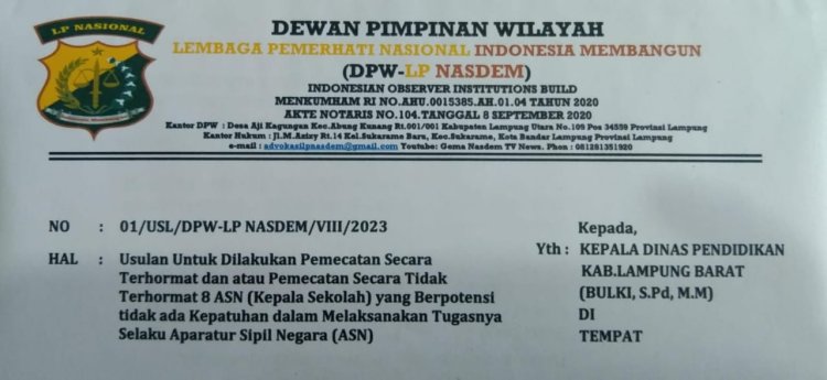 DPW-LP Nasdem Minta Kepala Dinas Pendidikan Lampung Barat Pecat 8 ASN