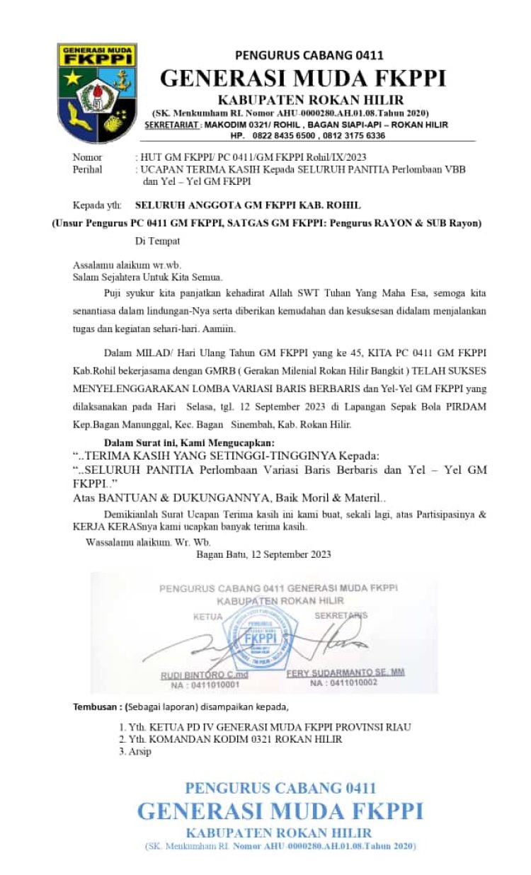 Ketua PC 0411 Rohil dan Ketua Panitia HUT GM FKPPI ke-45 Ucapkan Terimakasih