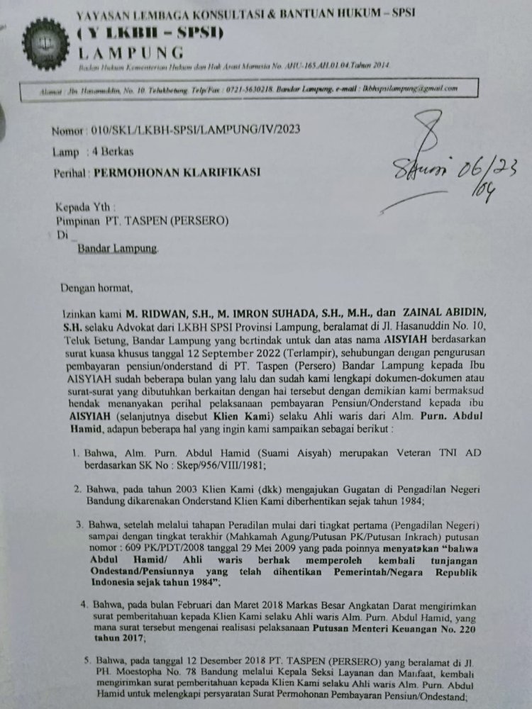 Ahli Waris Veteran Tak Terima Tunjangan Onderstan dari P.T Taspen Lampung, Ada Apa