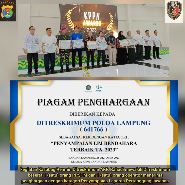 Ditreskrimum Polda Lampung Terima Penghargaan KPPN Award 2023 Kategori Pembendaharaan Terbaik