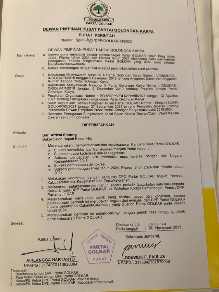 DPP Golkar Tunjuk Afrizal Sintong Sebagai Calon Bupati Rohil 2024