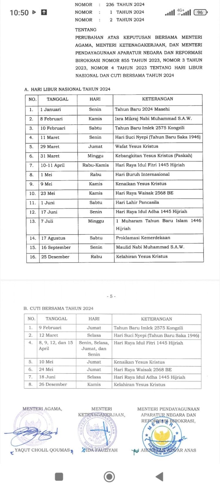 Inilah SKB 3 Menteri Libur Nasional dan Cuti Bersama 2024
