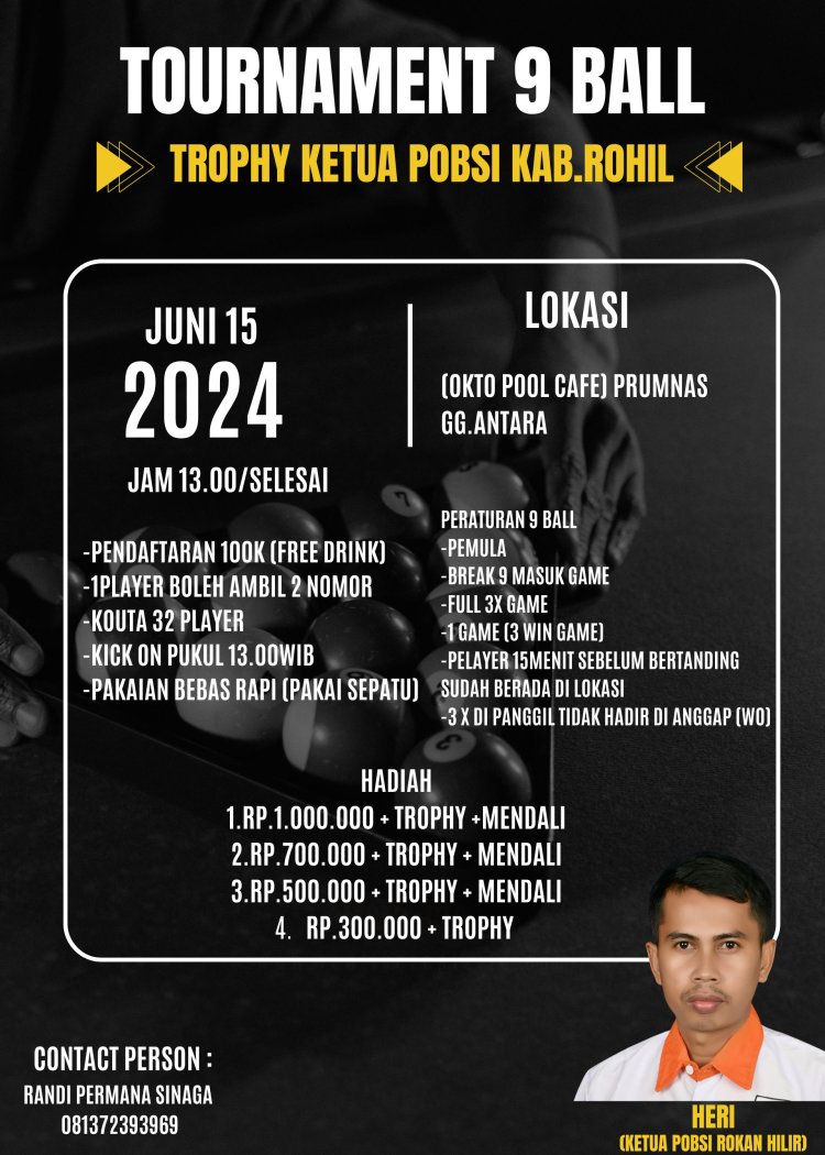 POBSI Rohil Gelar Tournament 9 Ball, Perebutkan Trophy Ketua POBSI Rohil 2024