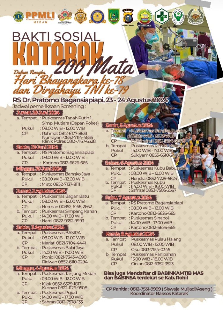 Sambut HUT Bhayangkara ke-78 dan Dirgahayu TNI ke-79, Giat Bakti Sosial Akan Gelar Operasi Katarak 200 Mata