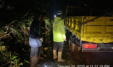 Polres Lampung Barat Evakuasi Pohon Tumbang dan Pengaturan Lalu Lintas Akibat Tanah Longsor