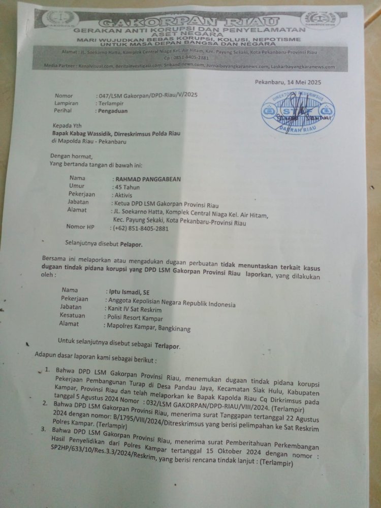 Penyidik Polres Kampar Diadukan ke Wassidik Polda Riau. Ini Sebabnya