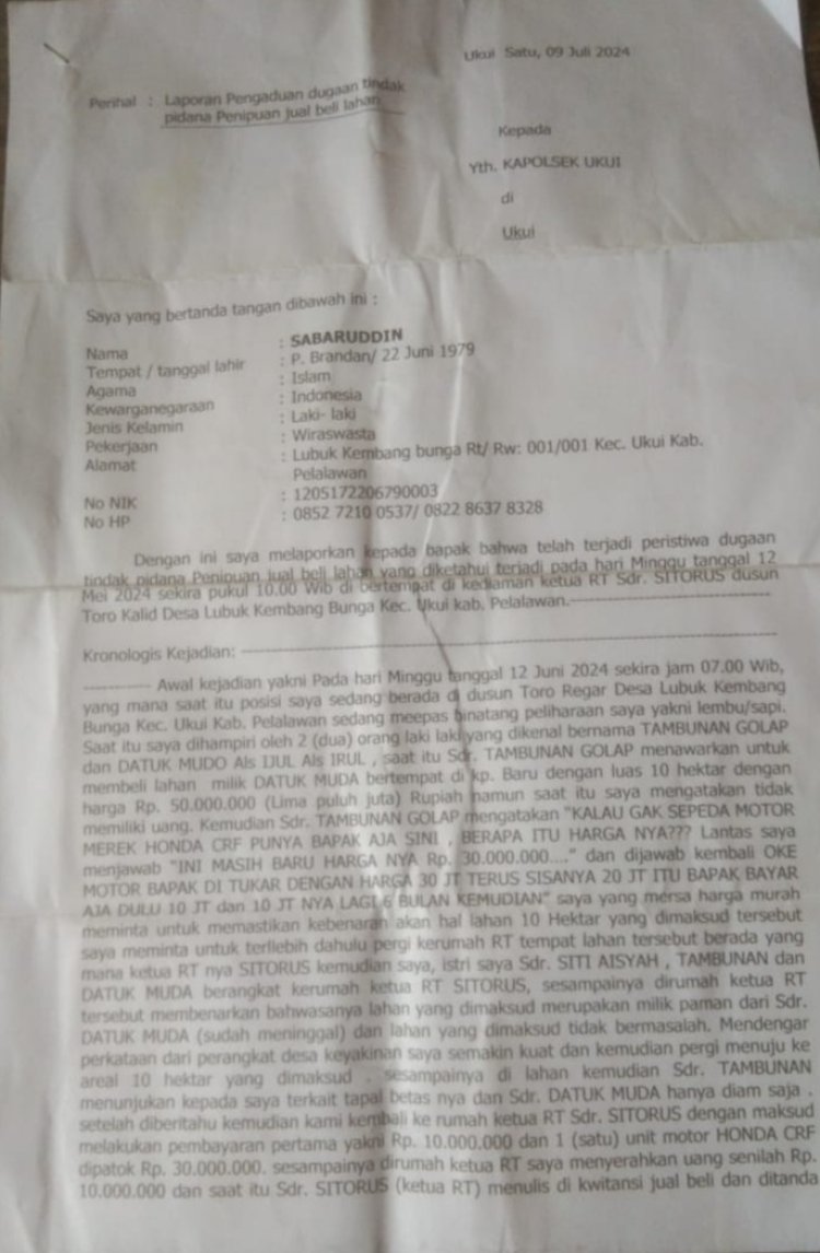 Oknum Ketua RT Diduga Otak Penipu Jual Beli Lahan, Polsek Ukui Tangguhkan Penahanan