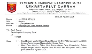 Menindak Lanjuti Surat Edaran Mendagri, 60 Peratin di Lampung Barat di Perpanjang Masa Jabatannya