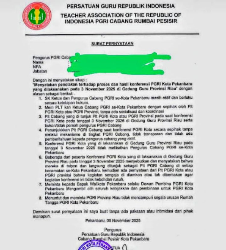 11 Pengurus Cabang PGRI Pekanbaru Protes Mekanisme Pemilihan: Diduga Langgar AD/ART, Walikota Diminta Bersikap Bijaksana