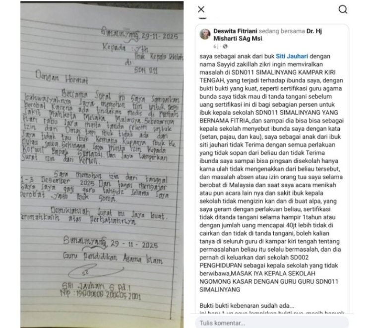 Diduga Pungli Sertifikasi dan Berbicara Kasar, Oknum Kepala SDN 011 Simalinyang Dilaporkan ke Publik