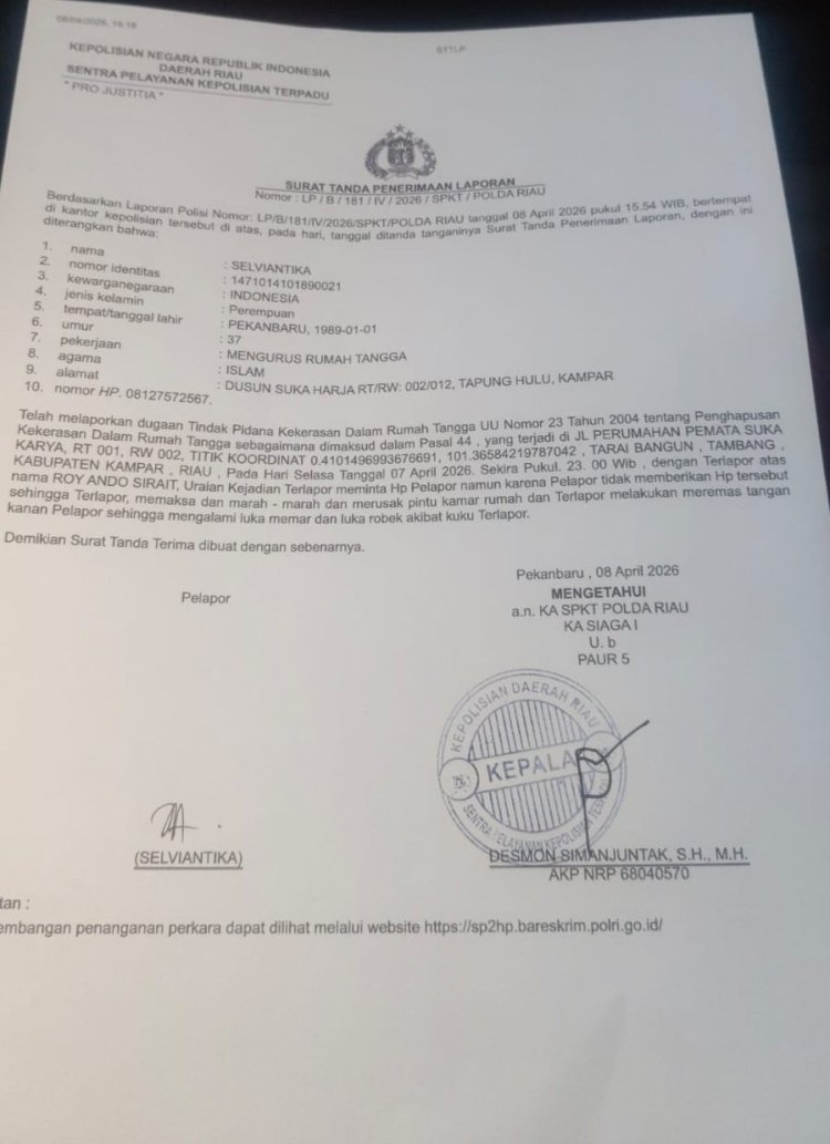 Diduga Jadi Korban KDRT, Perempuan Asal Kampar Resmi Laporkan Pelaku ke Polda Riau