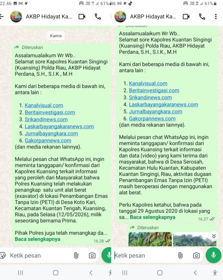 Dua Kali Konfirmasi Tak Dijawab, Dugaan Hilangnya Berita PETI Kuansing Kian Mengundang Tanya