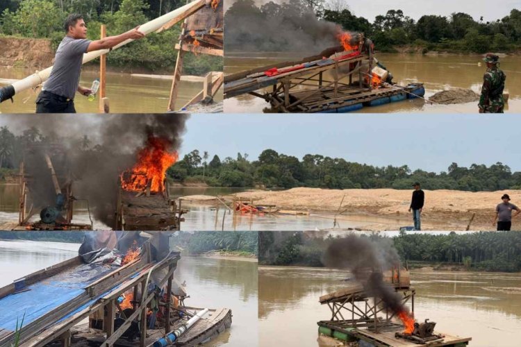 Bakar 31 Rakit Dompeng di Sungai Kuantan, Polsek Cerenti Lubang Jalur Penambang Emas Ilegal