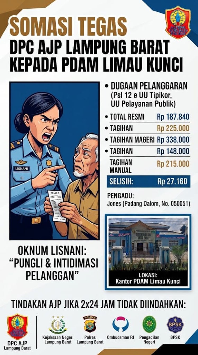 DPC AJP Lampung Barat Layangkan Somasi Tegas ke PDAM Limau Kunci Terkait Dugaan Pungli dan Intimidasi Pelanggan